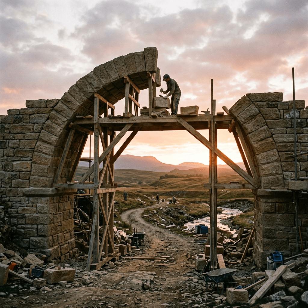 Worker shaping stones on scaffolding constructing a stone arch bridge